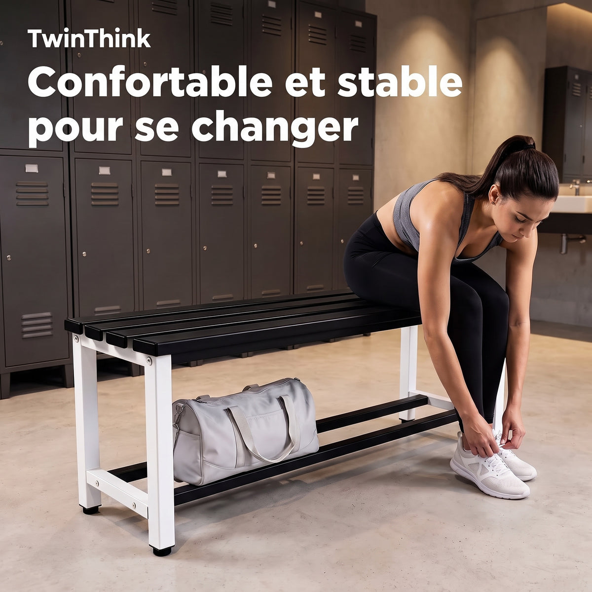 Banc de vestiaire métallique, 90×32×45 cm en noir et blanc (Eclipse), dans un vestiaire de salle de sport