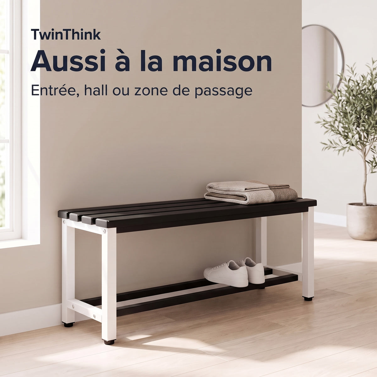 Banc de vestiaire métallique, 90×32×45 cm en noir et blanc (Eclipse), dans l'entrée d'une maison