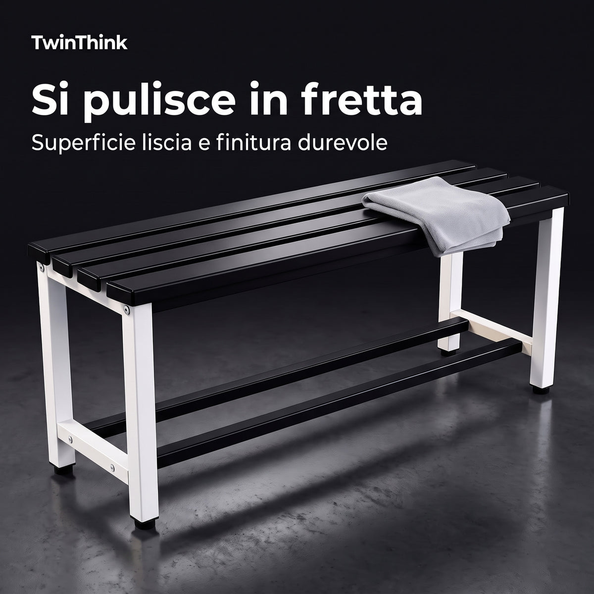 Panca da spogliatoio in metallo, 90×32×45 cm in bianco e nero (Eclipse), superficie liscia che si pulisce in fretta