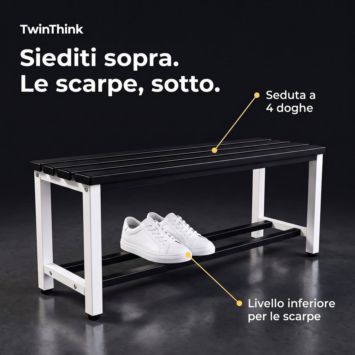 Panca da spogliatoio in metallo, 90×32×45 cm in bianco e nero (Eclipse), seduta a 4 doghe e ripiano inferiore per le scarpe