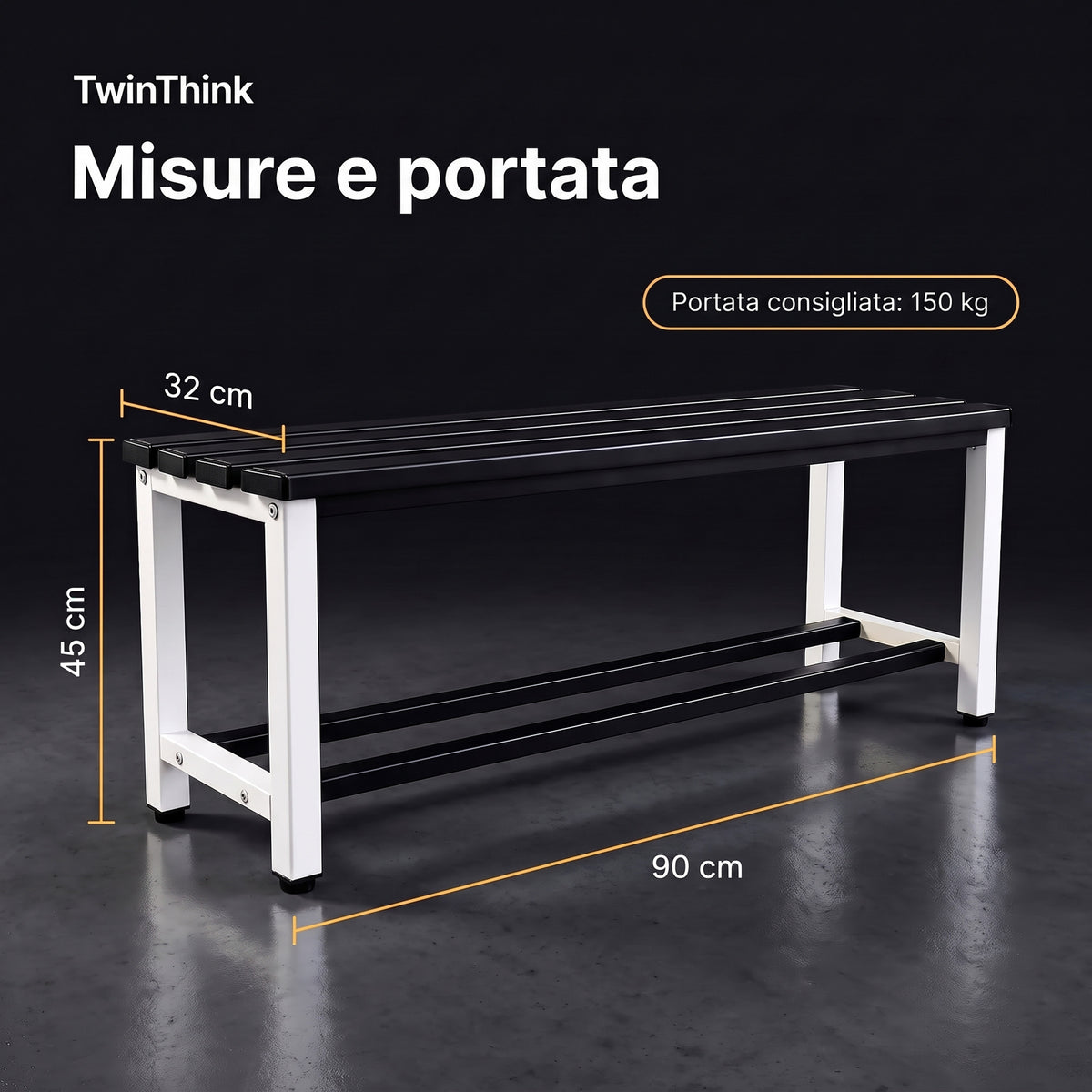Panca da spogliatoio in metallo, 90×32×45 cm in bianco e nero (Eclipse), misure e portata consigliata