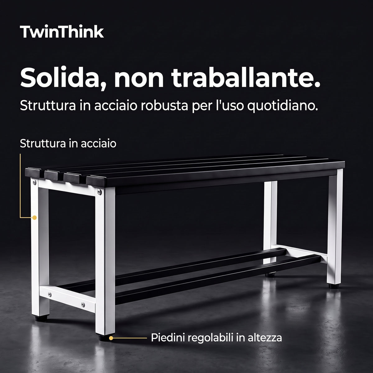 Panca da spogliatoio in metallo, 90×32×45 cm in bianco e nero (Eclipse), struttura in acciaio
