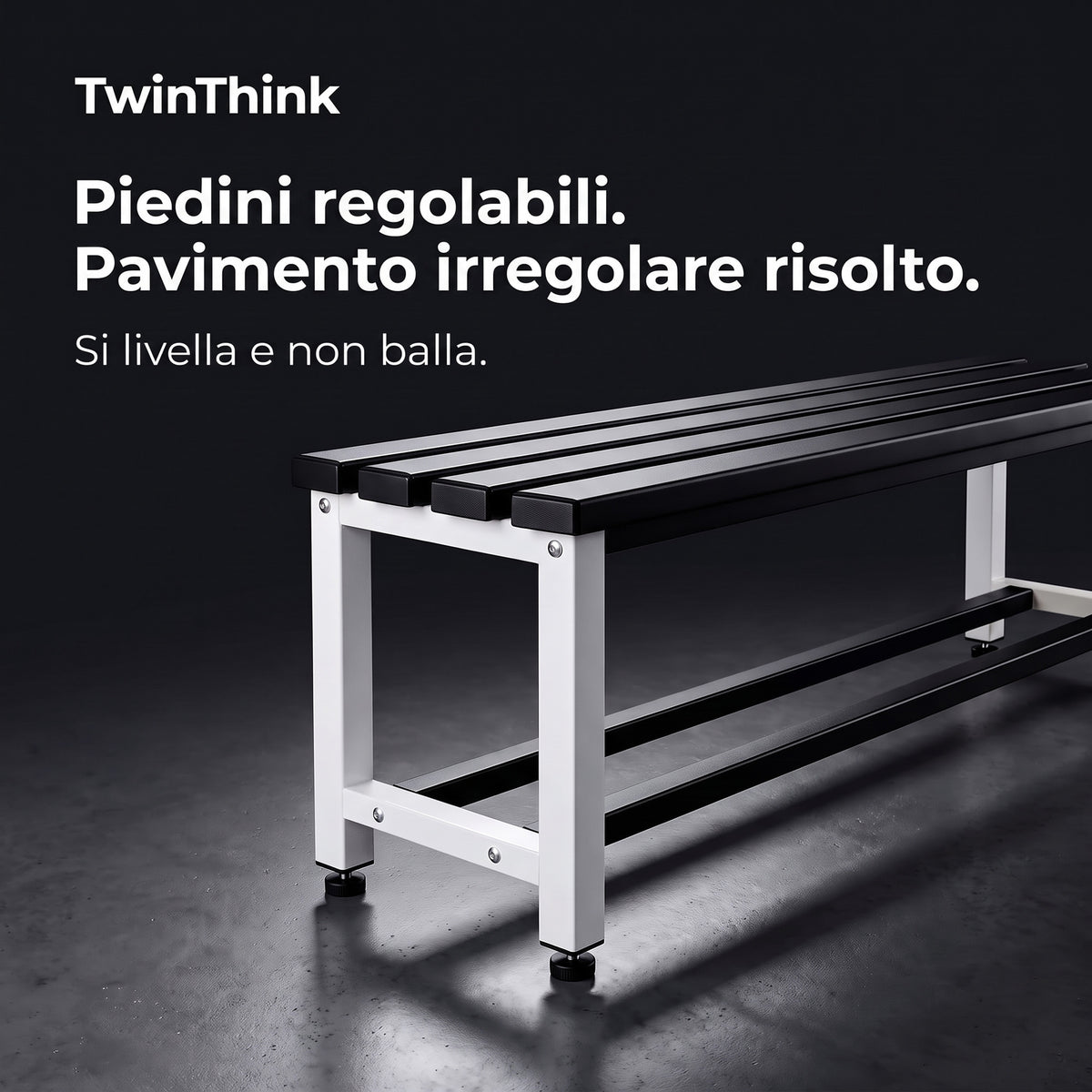 Panca da spogliatoio in metallo, 90×32×45 cm in bianco e nero (Eclipse), piedini regolabili in altezza