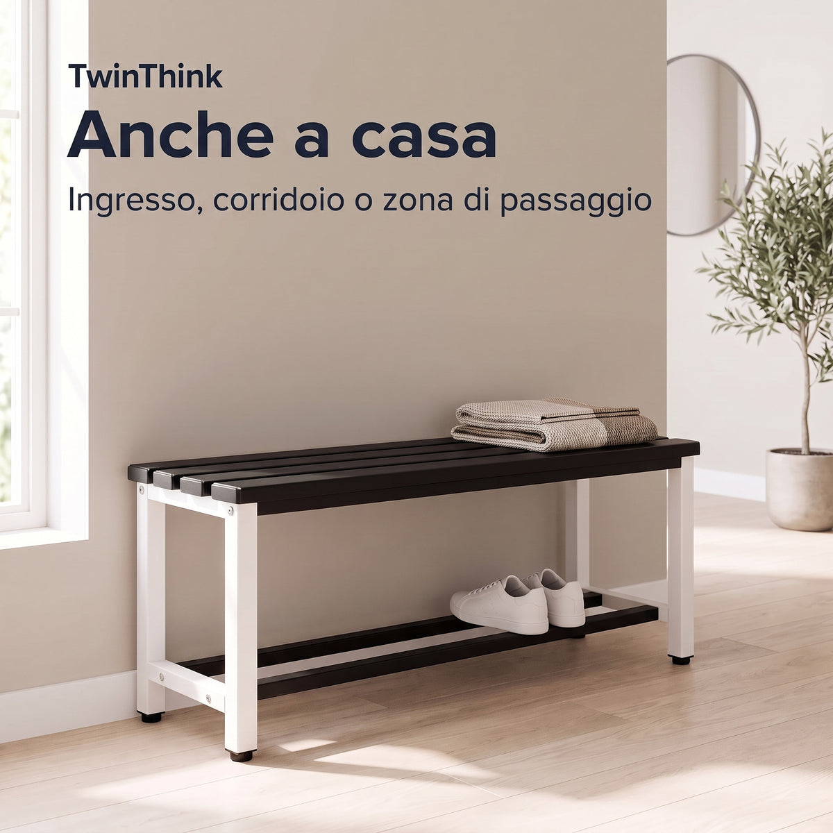 Panca da spogliatoio in metallo, 90×32×45 cm in bianco e nero (Eclipse), nell'ingresso di casa