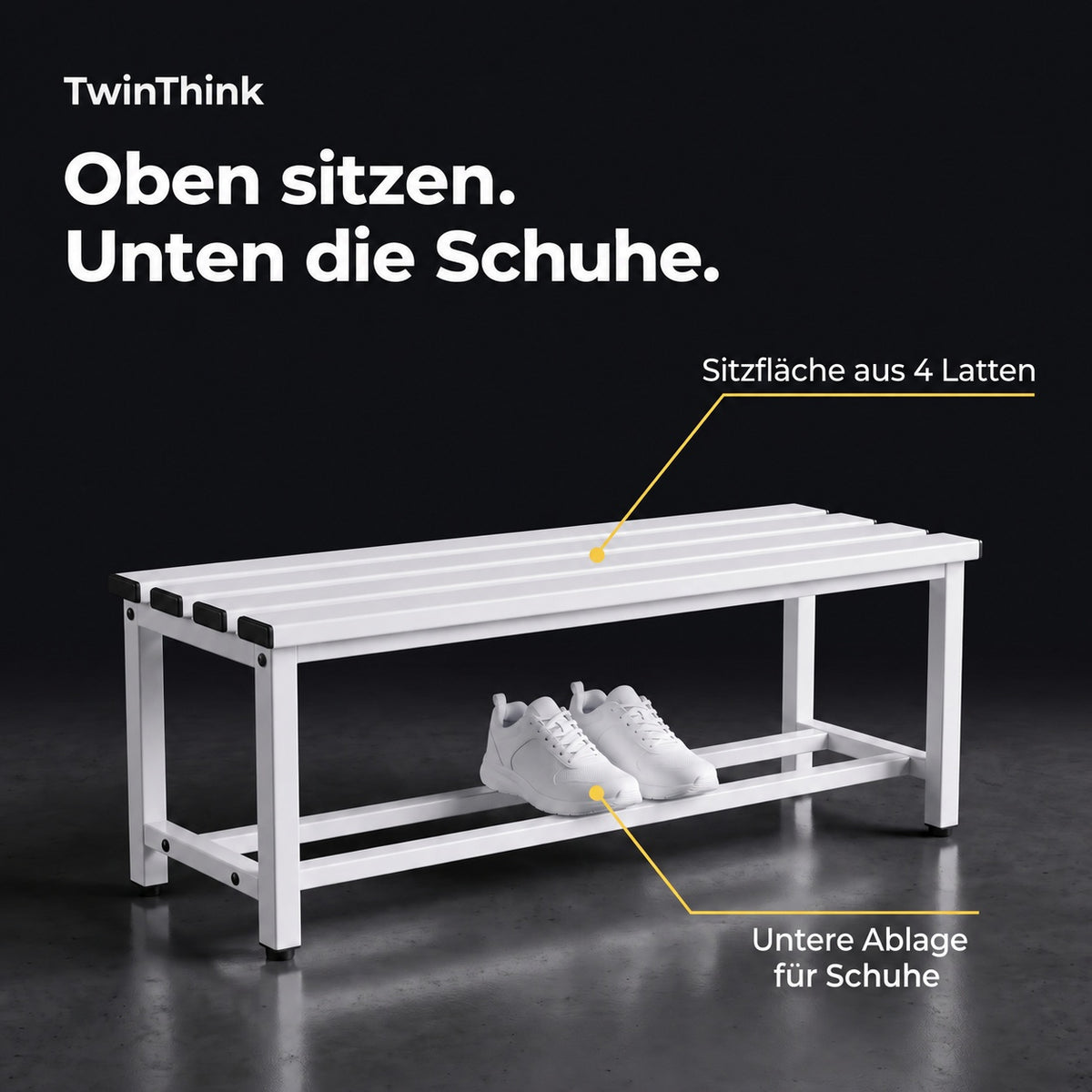 Umkleidebank aus Metall, 90×32×45 cm in Weiß (Lunar White), Sitzfläche aus 4 Latten und Ablage für Schuhe