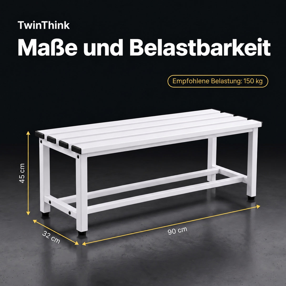 Umkleidebank aus Metall, 90×32×45 cm in Weiß (Lunar White), Maße und empfohlene Belastung