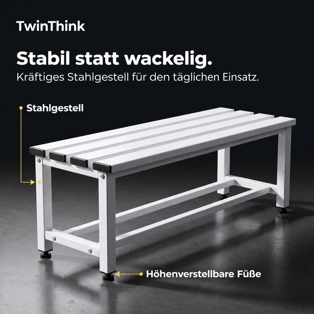 Umkleidebank aus Metall, 90×32×45 cm in Weiß (Lunar White), Stahlgestell