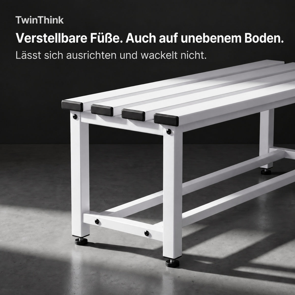 Umkleidebank aus Metall, 90×32×45 cm in Weiß (Lunar White), höhenverstellbare Füße