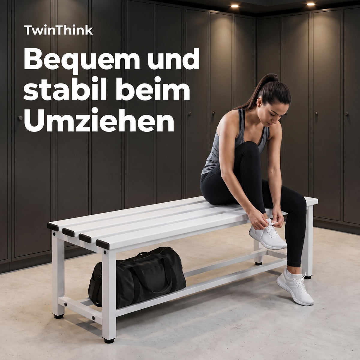 Umkleidebank aus Metall, 90×32×45 cm in Weiß (Lunar White), in einer Umkleide im Fitnessstudio