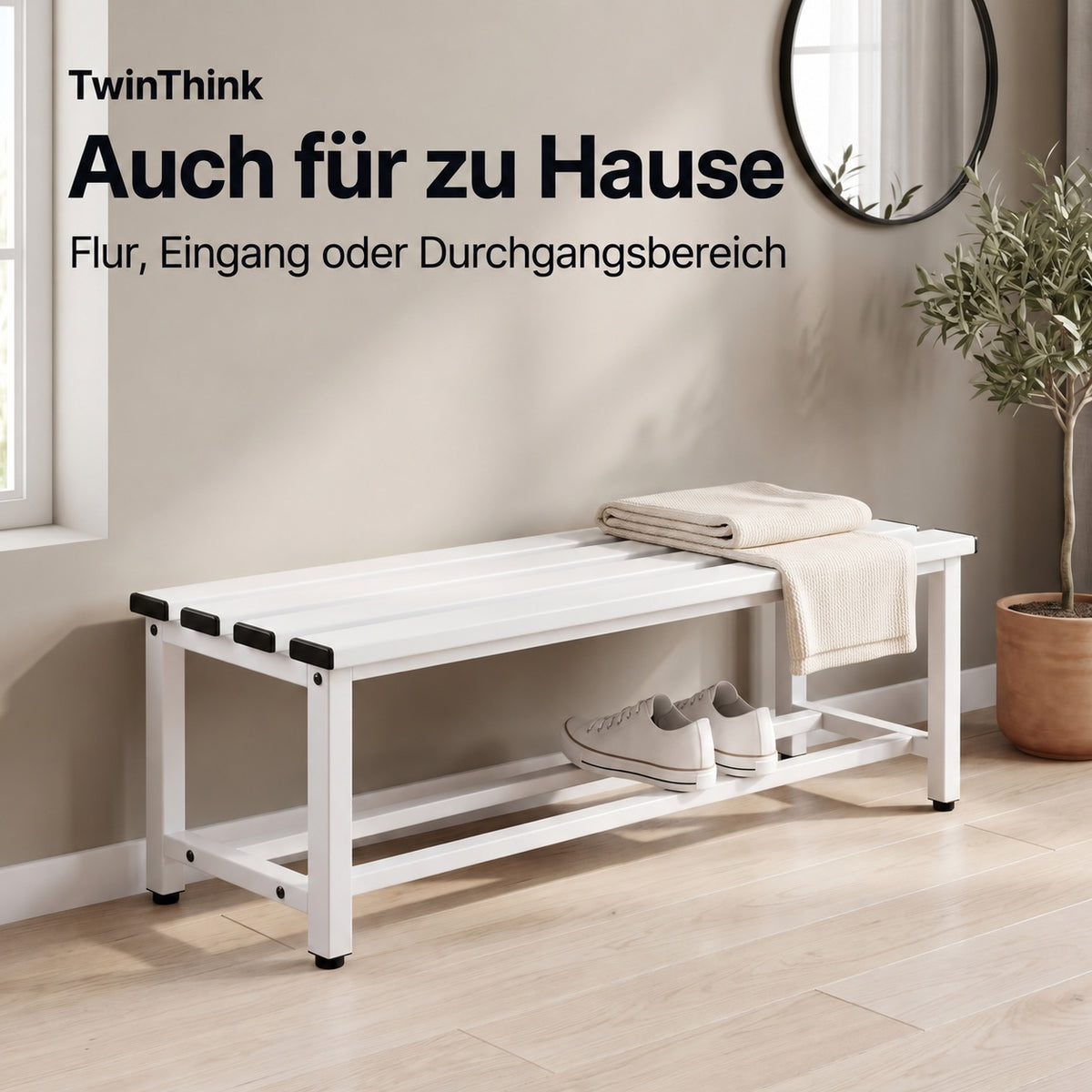 Umkleidebank aus Metall, 90×32×45 cm in Weiß (Lunar White), im Flur zu Hause
