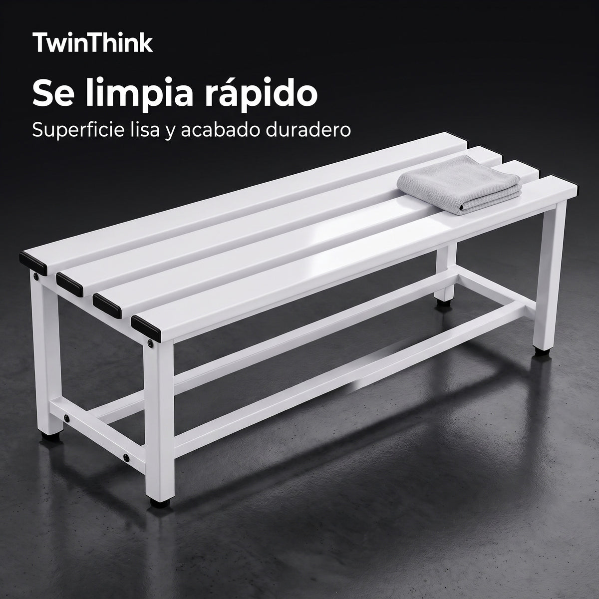 Banco vestuario metálico 90 x 32 x 45 cm en blanco, superficie lisa que se limpia rápido
