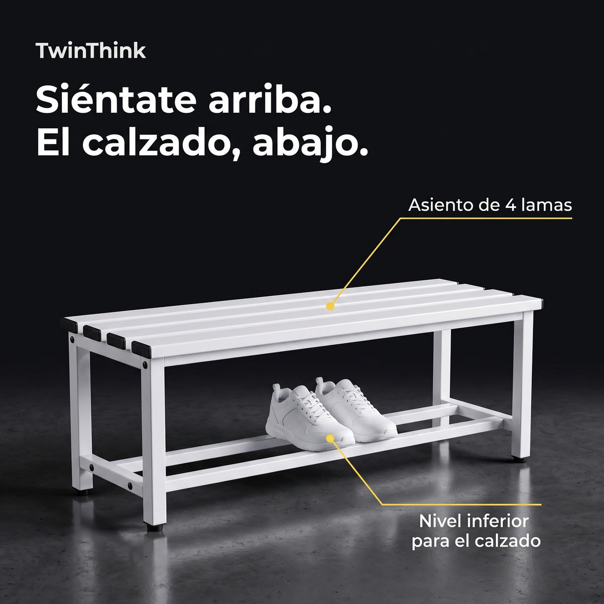 Banco vestuario metálico 90 x 32 x 45 cm en blanco, asiento de 4 lamas y estante inferior para el calzado