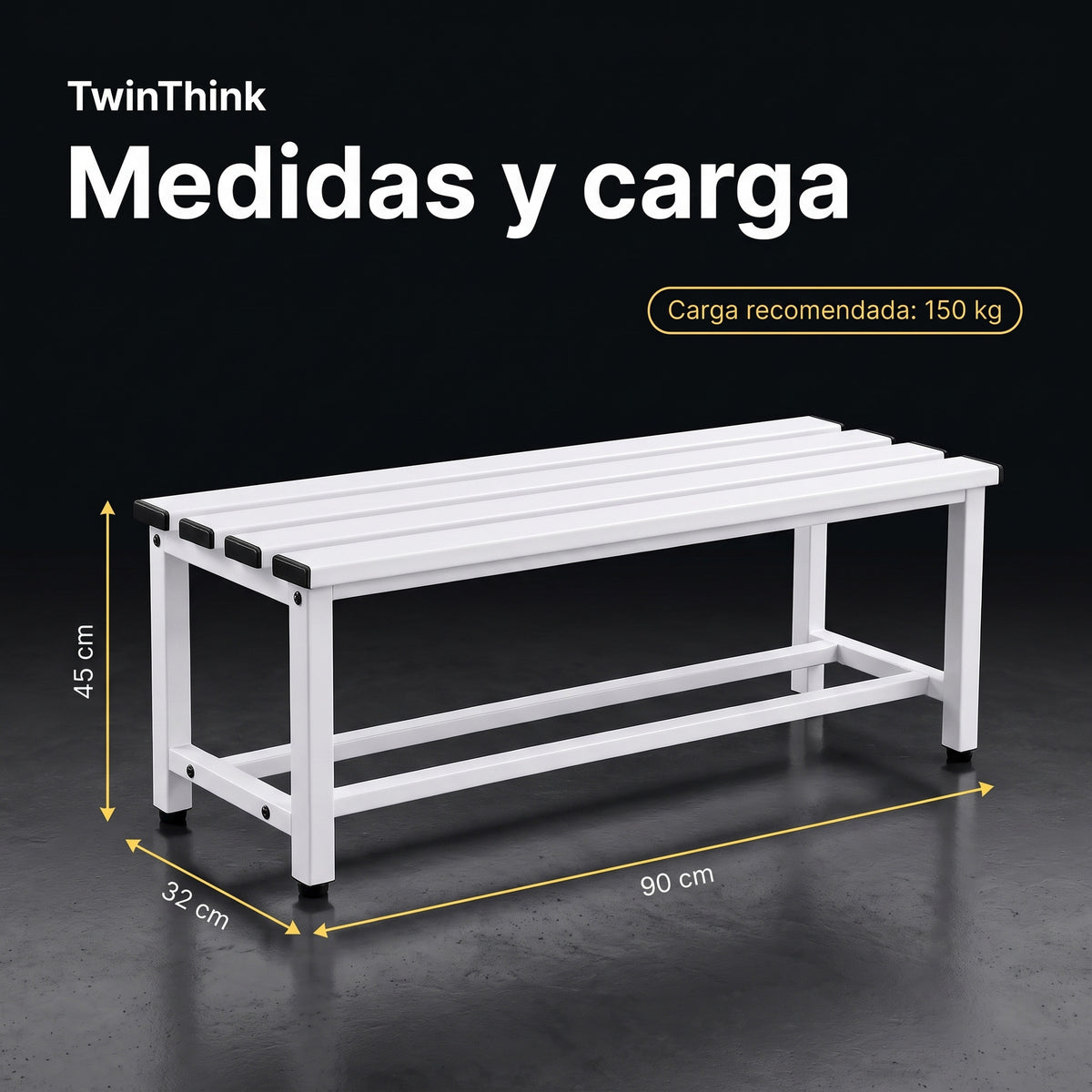 Banco vestuario metálico 90 x 32 x 45 cm en blanco, medidas y carga recomendada