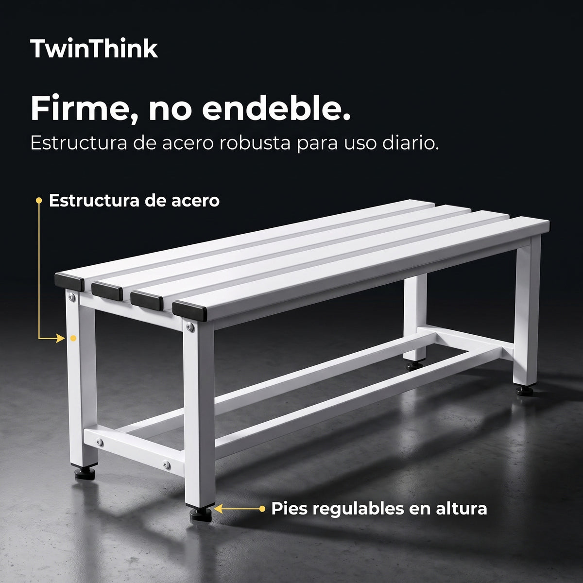 Banco vestuario metálico 90 x 32 x 45 cm en blanco, estructura de acero