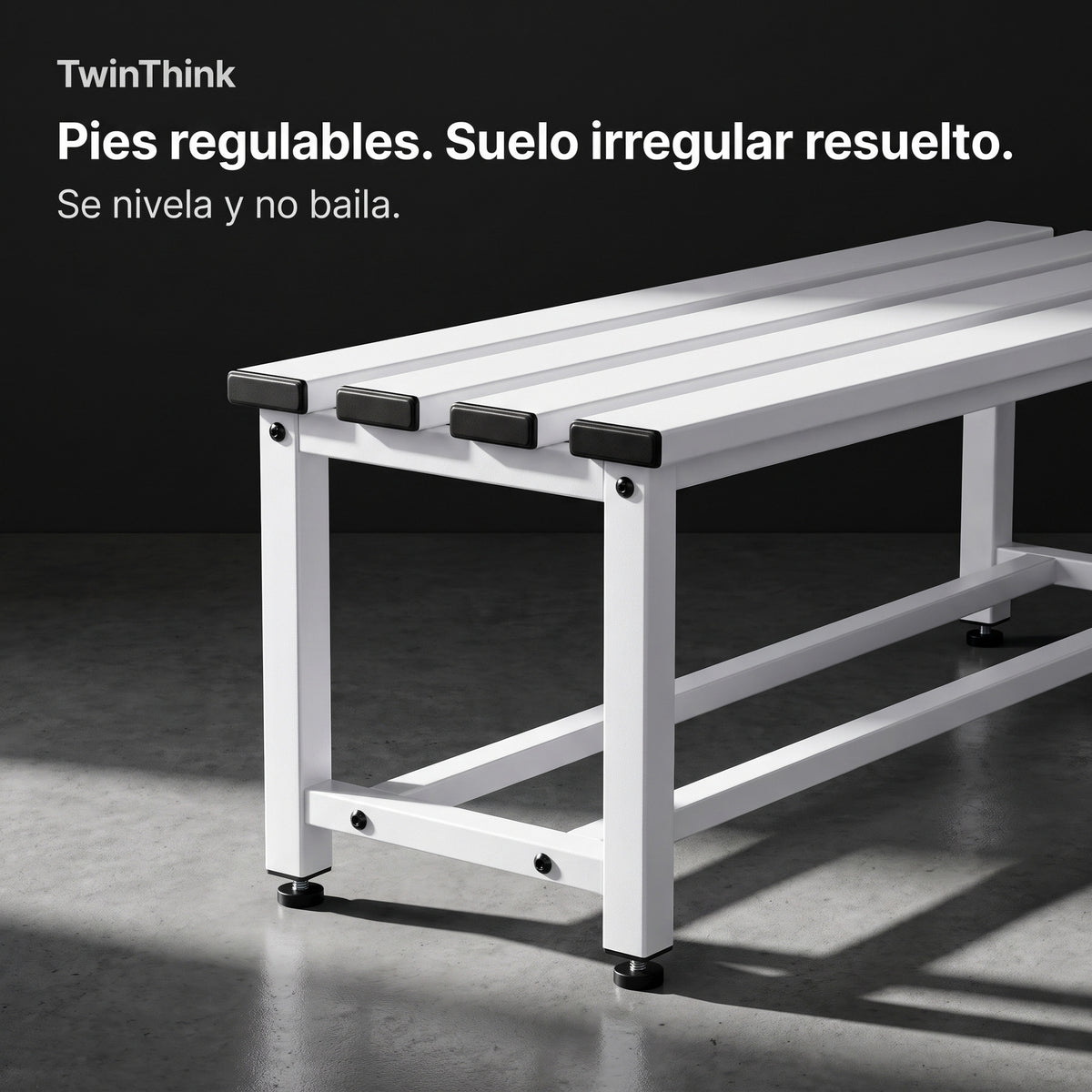 Banco vestuario metálico 90 x 32 x 45 cm en blanco, pies regulables en altura