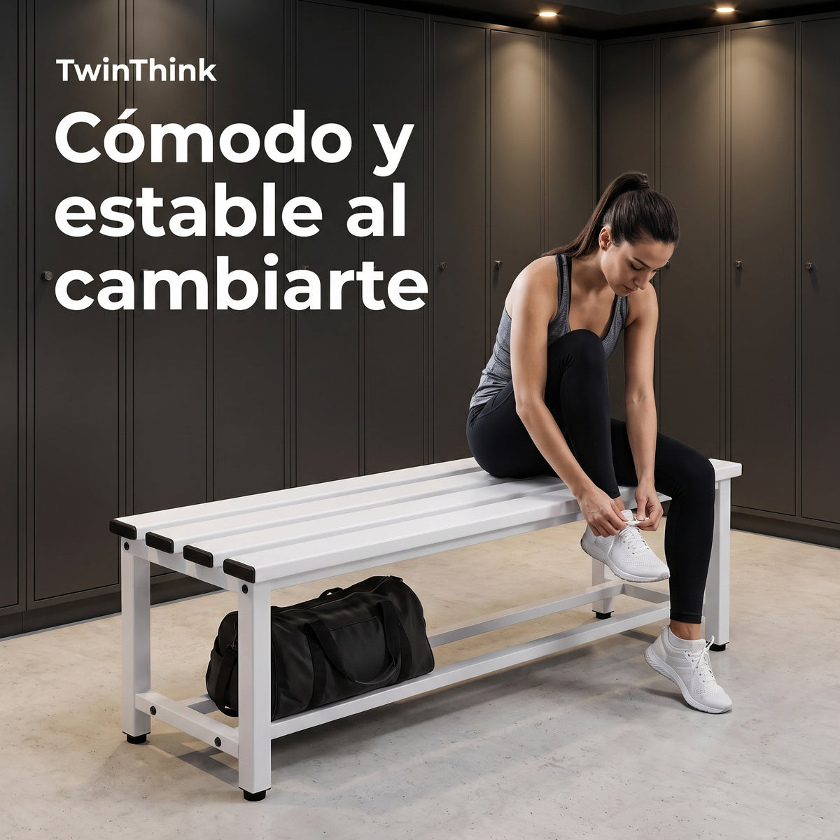 Banco vestuario metálico 90 x 32 x 45 cm en blanco, en un vestuario de gimnasio