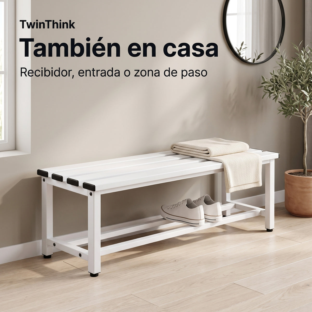 Banco vestuario metálico 90 x 32 x 45 cm en blanco, en el recibidor de casa