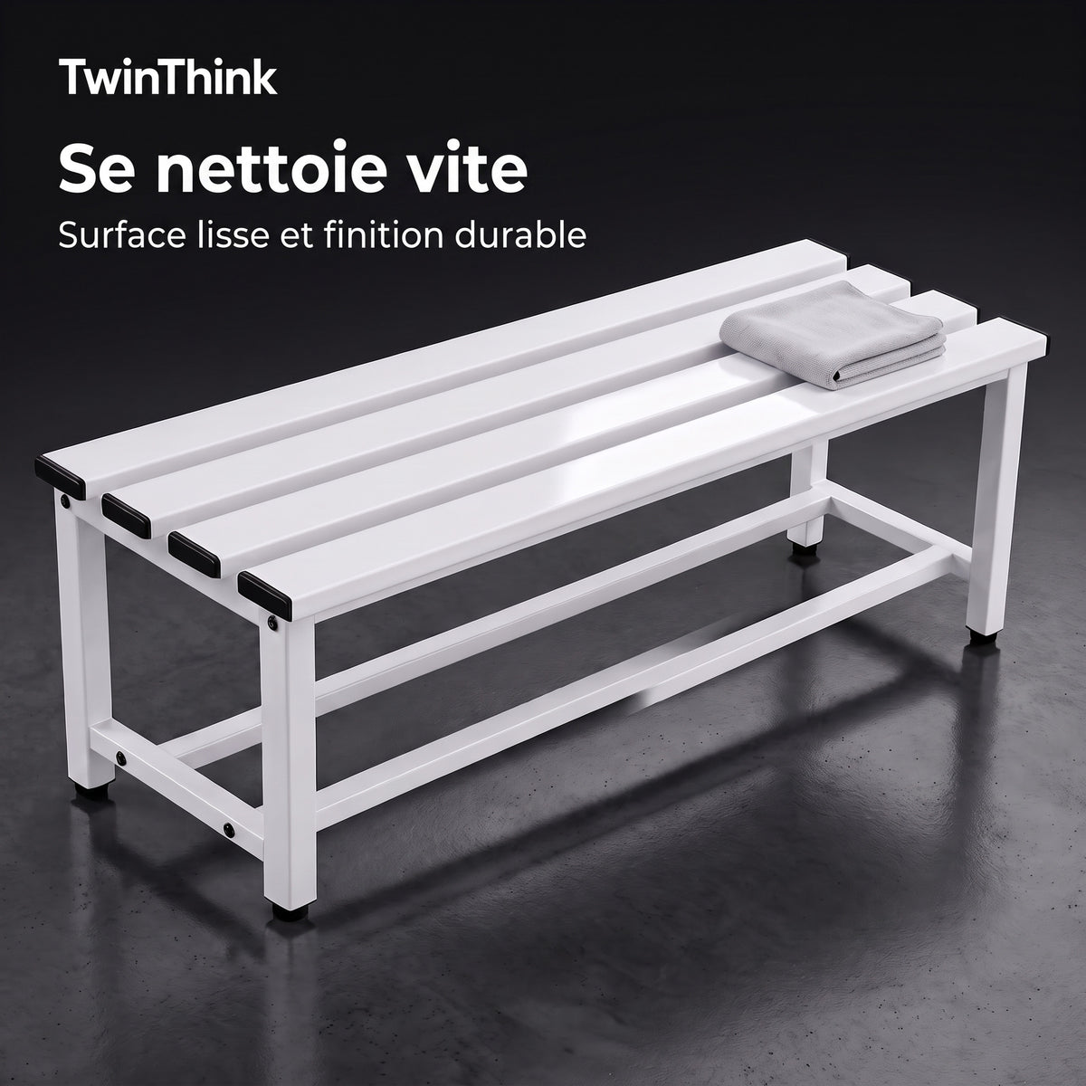 Banc de vestiaire métallique, 90×32×45 cm en blanc Lunar White, surface lisse qui se nettoie vite