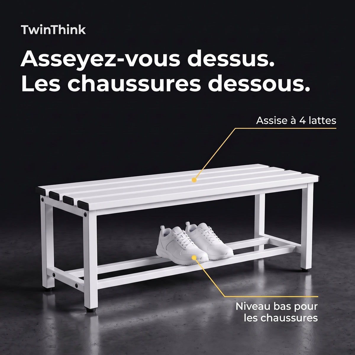 Banc de vestiaire métallique, 90×32×45 cm en blanc Lunar White, assise à 4 lattes et niveau bas pour les chaussures