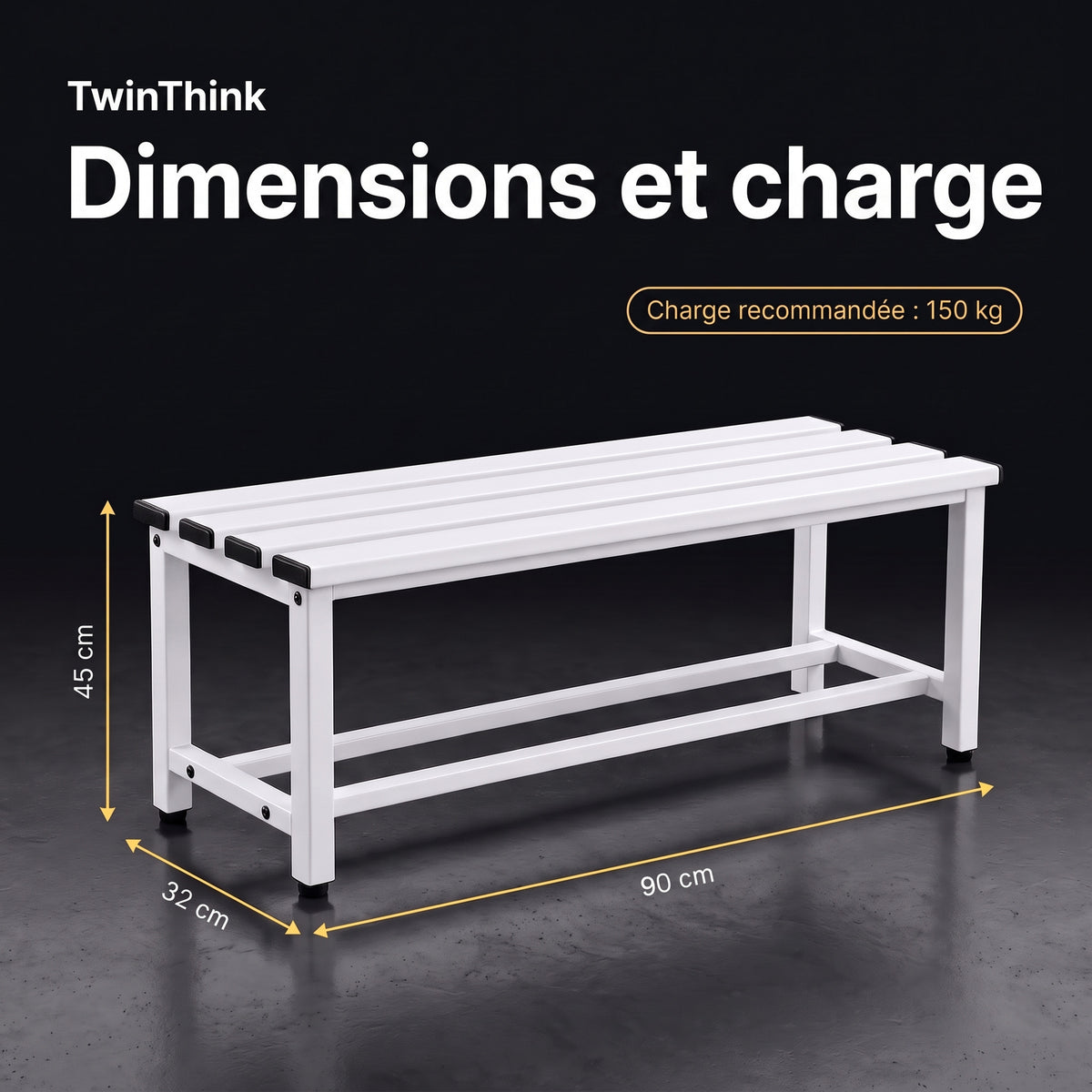 Banc de vestiaire métallique, 90×32×45 cm en blanc Lunar White, dimensions et charge recommandée