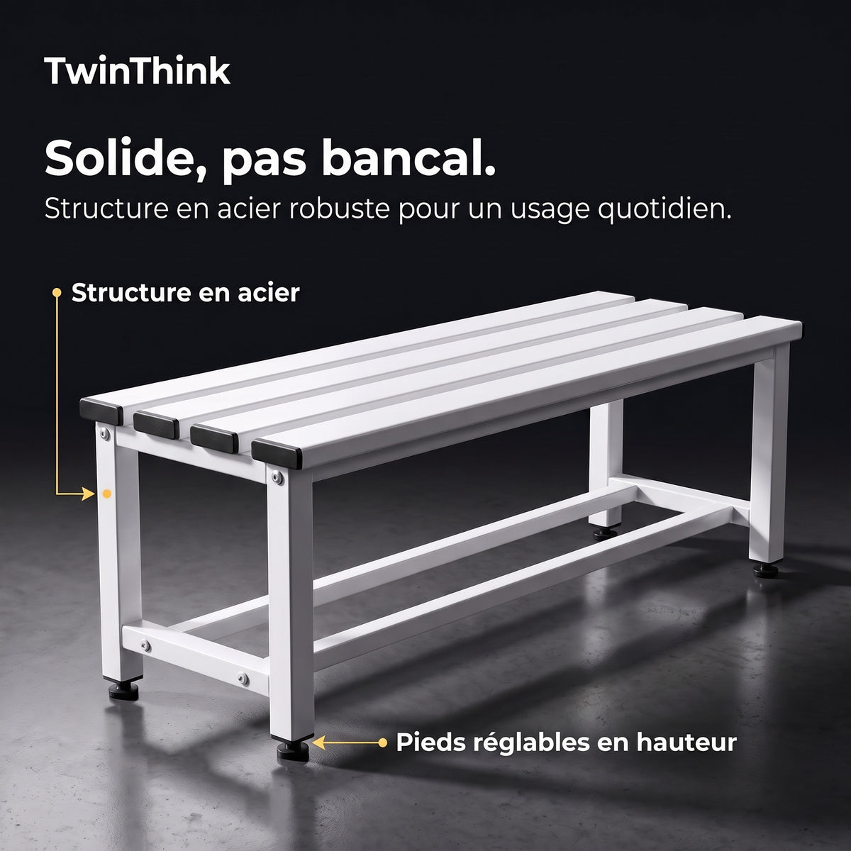 Banc de vestiaire métallique, 90×32×45 cm en blanc Lunar White, structure en acier