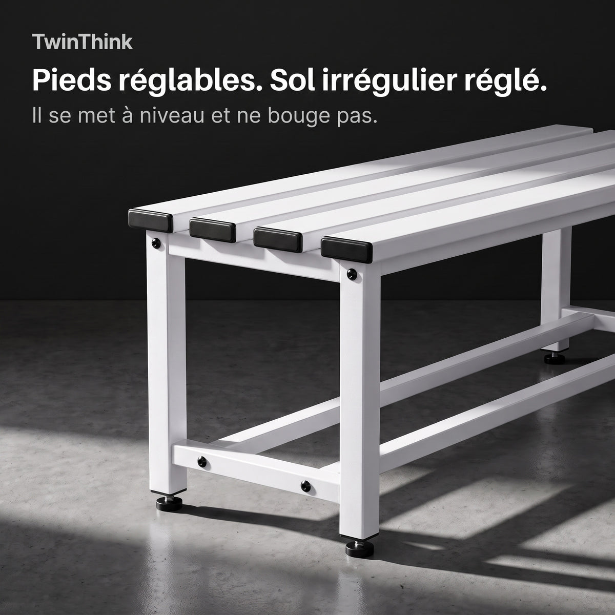 Banc de vestiaire métallique, 90×32×45 cm en blanc Lunar White, pieds réglables en hauteur
