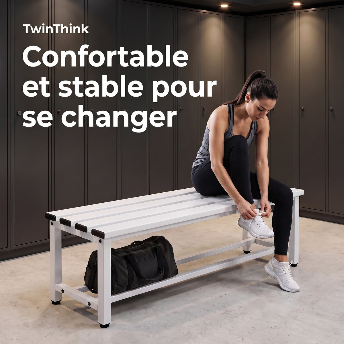 Banc de vestiaire métallique, 90×32×45 cm en blanc Lunar White, dans un vestiaire de salle de sport