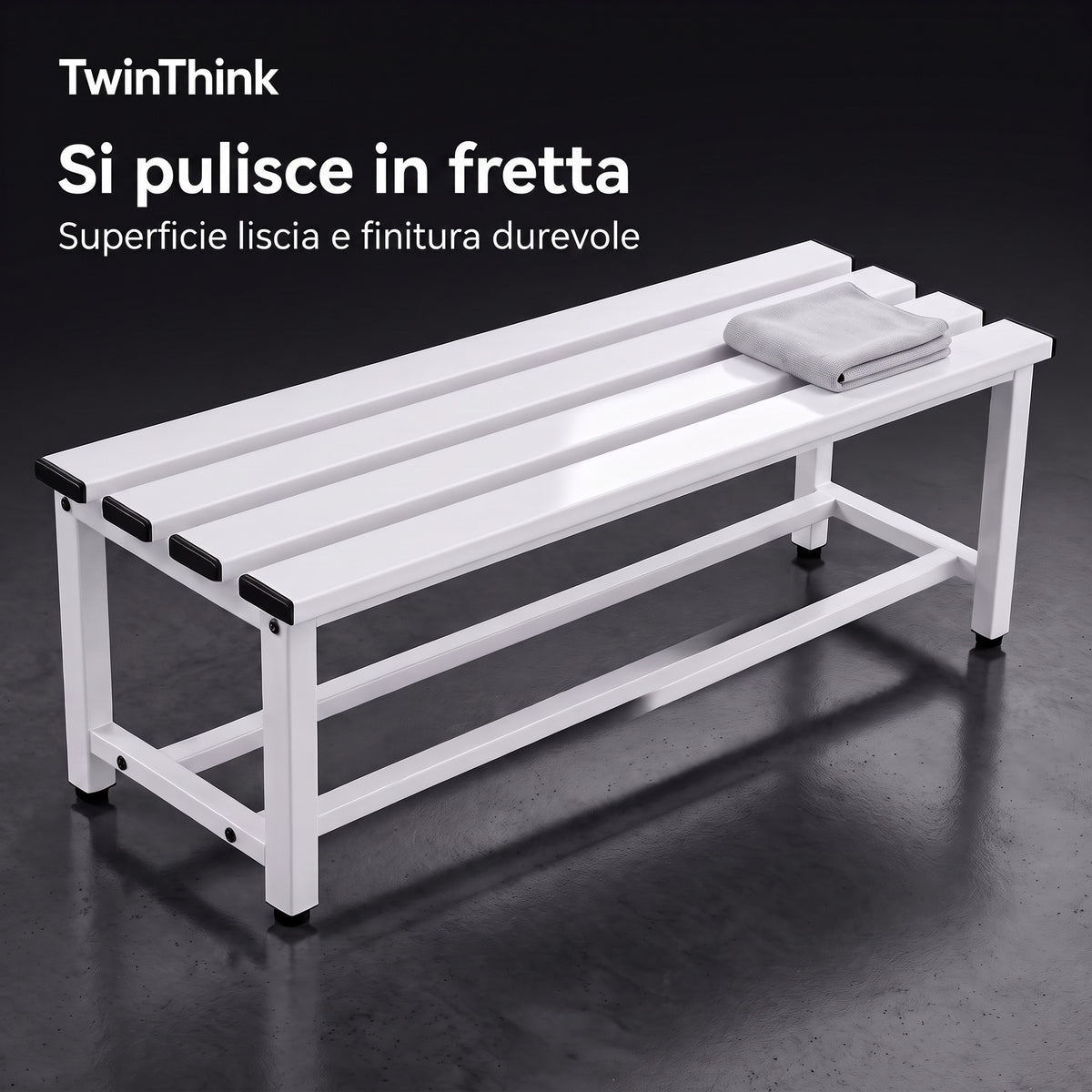 Panca da spogliatoio in metallo, 90×32×45 cm in bianco Lunar White, superficie liscia che si pulisce in fretta