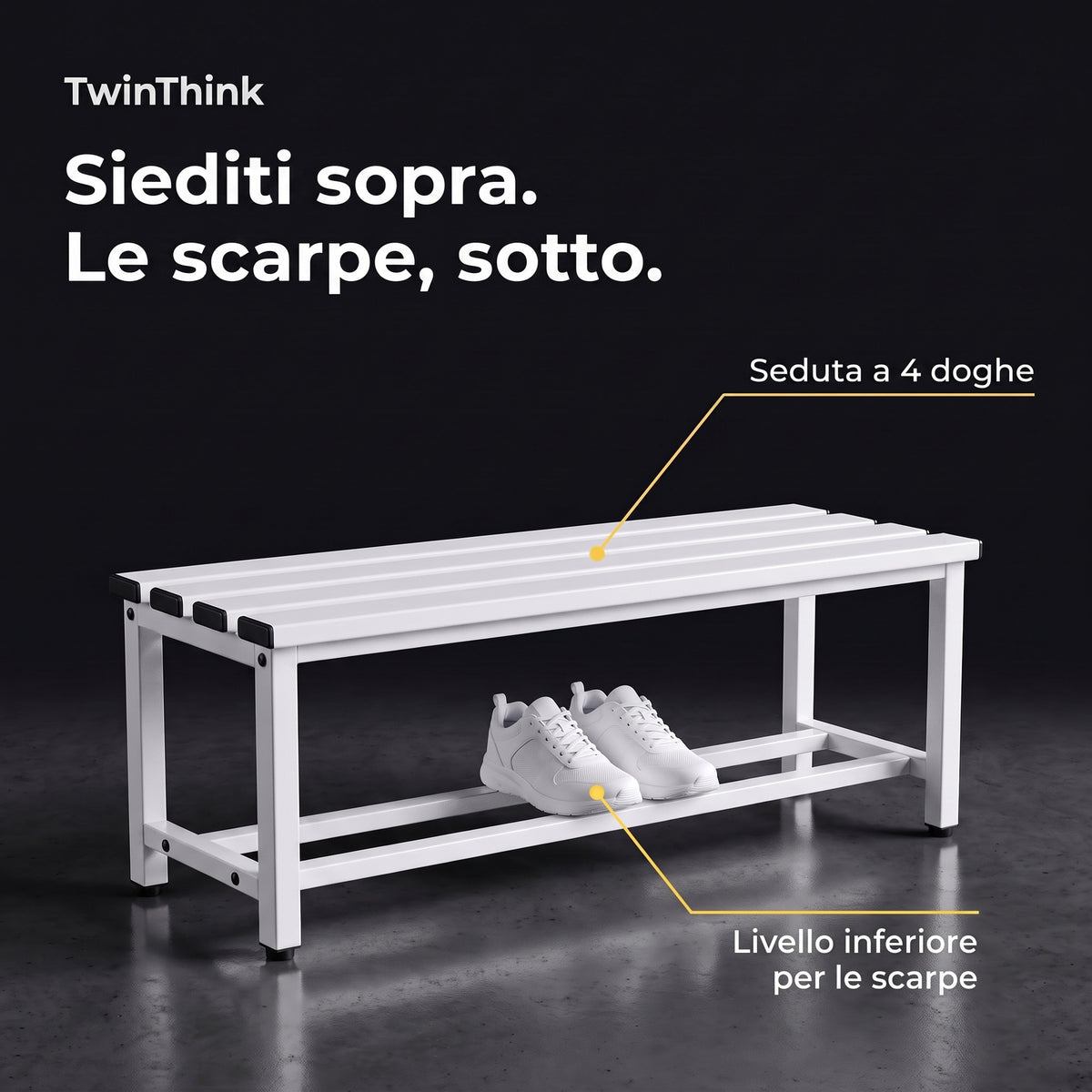 Panca da spogliatoio in metallo, 90×32×45 cm in bianco Lunar White, seduta a 4 doghe e ripiano inferiore per le scarpe