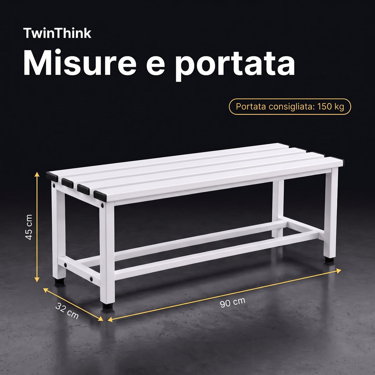 Panca da spogliatoio in metallo, 90×32×45 cm in bianco Lunar White, misure e portata consigliata