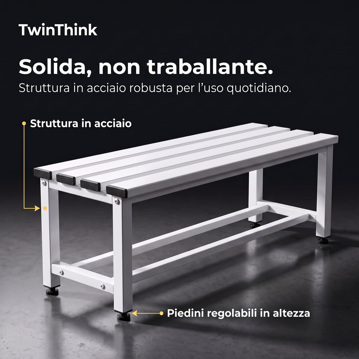 Panca da spogliatoio in metallo, 90×32×45 cm in bianco Lunar White, struttura in acciaio