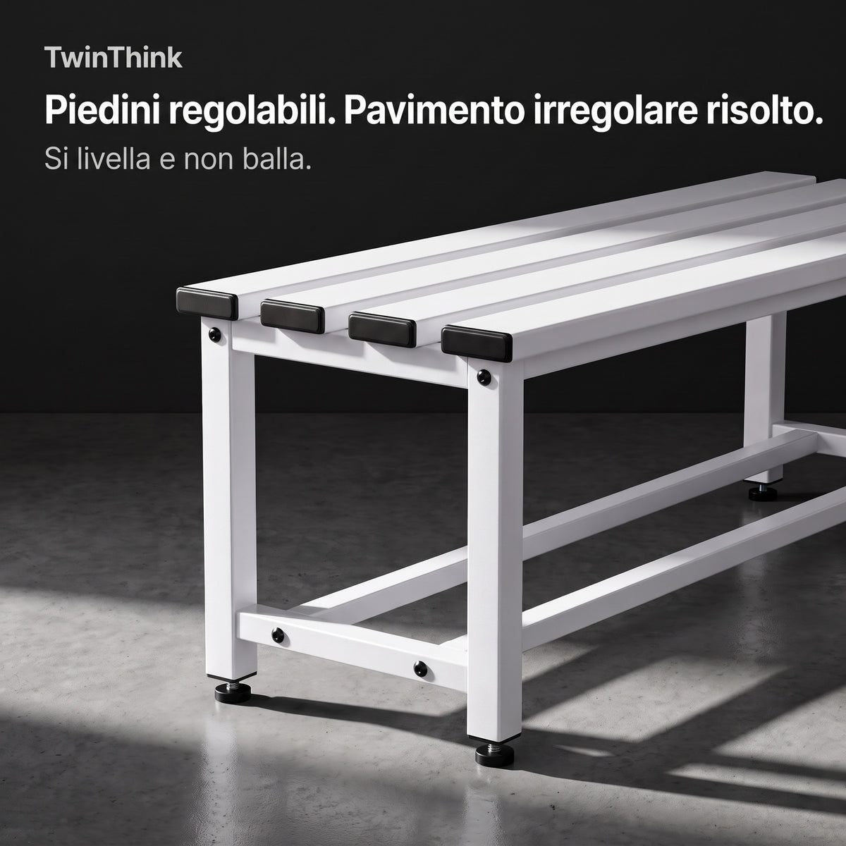 Panca da spogliatoio in metallo, 90×32×45 cm in bianco Lunar White, piedini regolabili in altezza