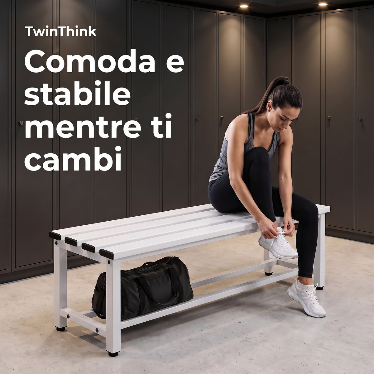 Panca da spogliatoio in metallo, 90×32×45 cm in bianco Lunar White, in uno spogliatoio da palestra
