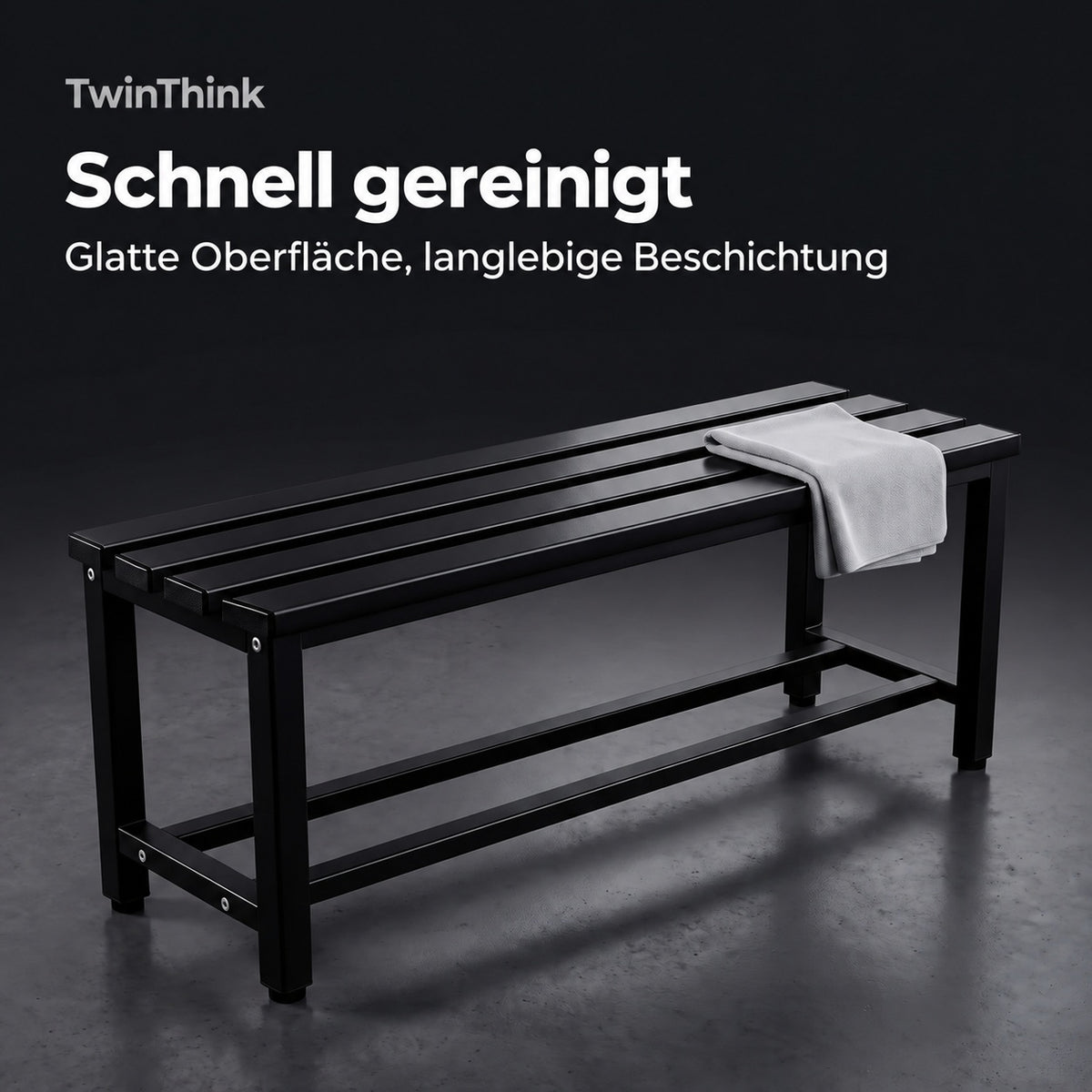 Umkleidebank aus Metall, 90×32×45 cm in Schwarz (Polar Black), glatte Oberfläche, schnell gereinigt
