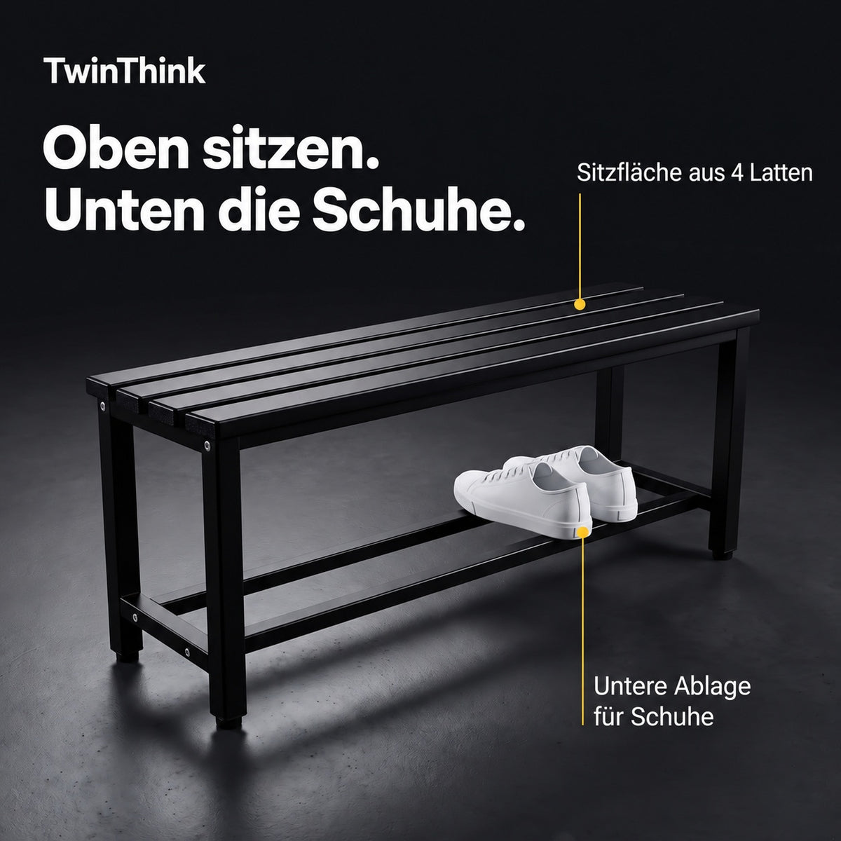 Umkleidebank aus Metall, 90×32×45 cm in Schwarz (Polar Black), Sitzfläche aus 4 Latten und Ablage für Schuhe