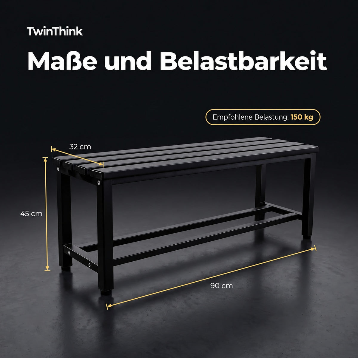 Umkleidebank aus Metall, 90×32×45 cm in Schwarz (Polar Black), Maße und empfohlene Belastung