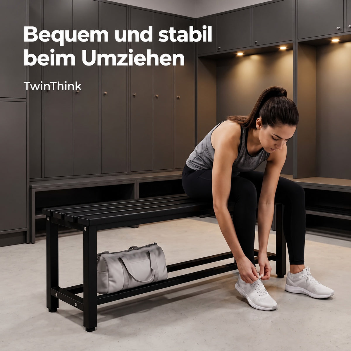 Umkleidebank aus Metall, 90×32×45 cm in Schwarz (Polar Black), in einer Umkleide im Fitnessstudio
