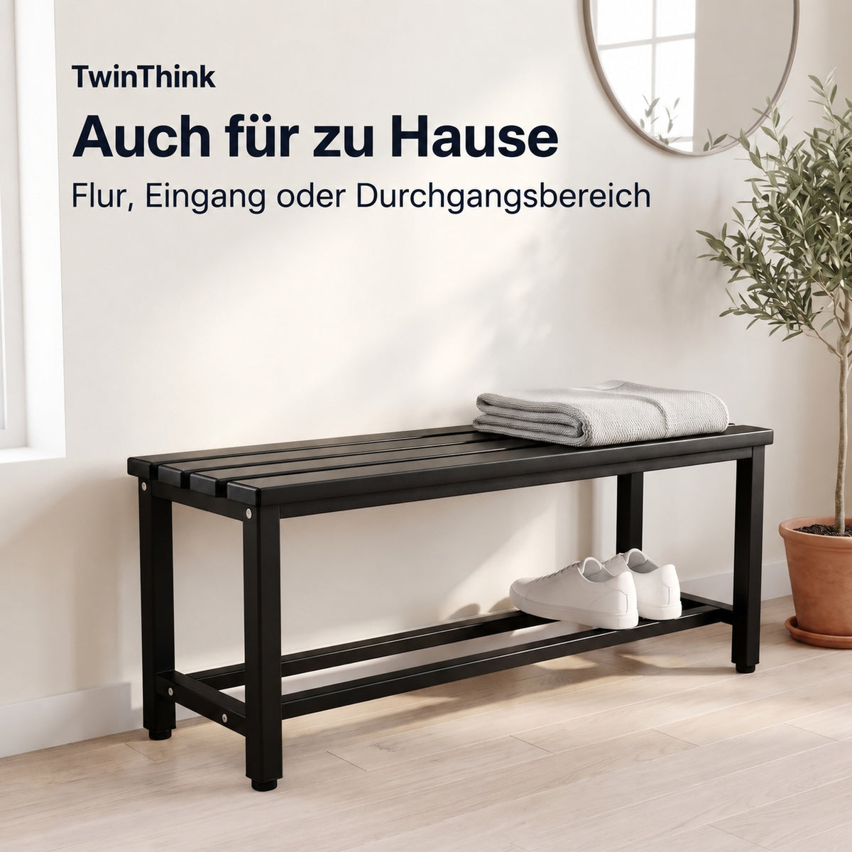 Umkleidebank aus Metall, 90×32×45 cm in Schwarz (Polar Black), im Flur zu Hause