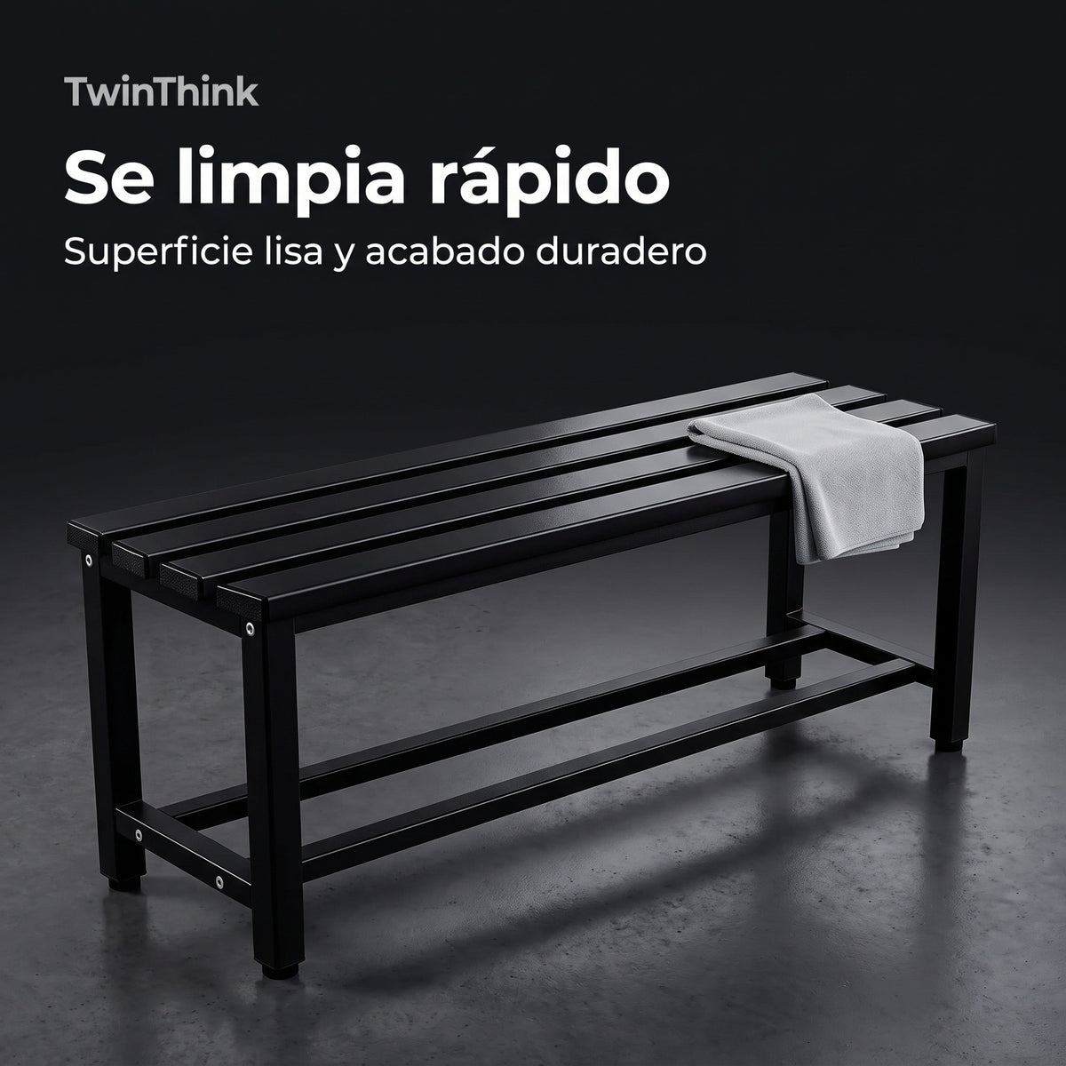 Banco vestuario metálico 90 x 32 x 45 cm en negro, superficie lisa que se limpia rápido