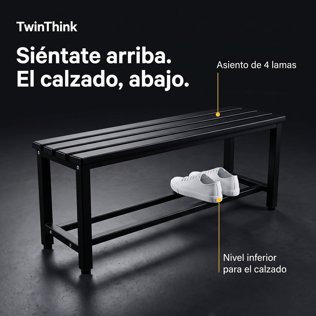 Banco vestuario metálico 90 x 32 x 45 cm en negro, asiento de 4 lamas y estante inferior para el calzado