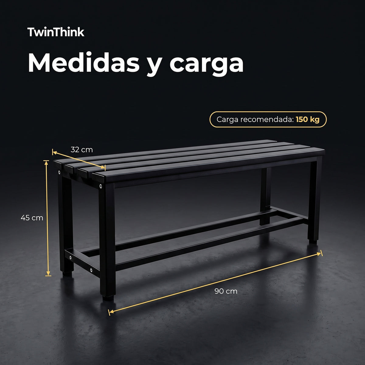 Banco vestuario metálico 90 x 32 x 45 cm en negro, medidas y carga recomendada