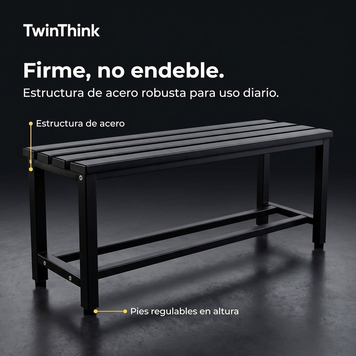 Banco vestuario metálico 90 x 32 x 45 cm en negro, estructura de acero