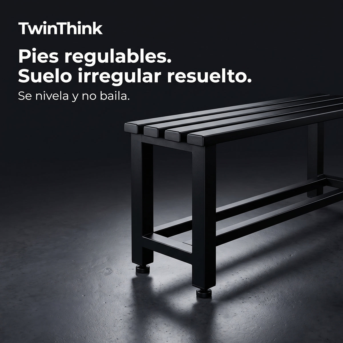 Banco vestuario metálico 90 x 32 x 45 cm en negro, pies regulables en altura