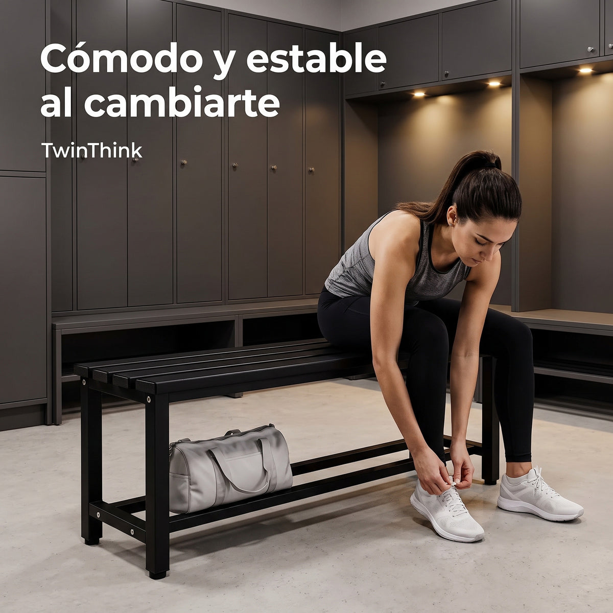 Banco vestuario metálico 90 x 32 x 45 cm en negro, en un vestuario de gimnasio