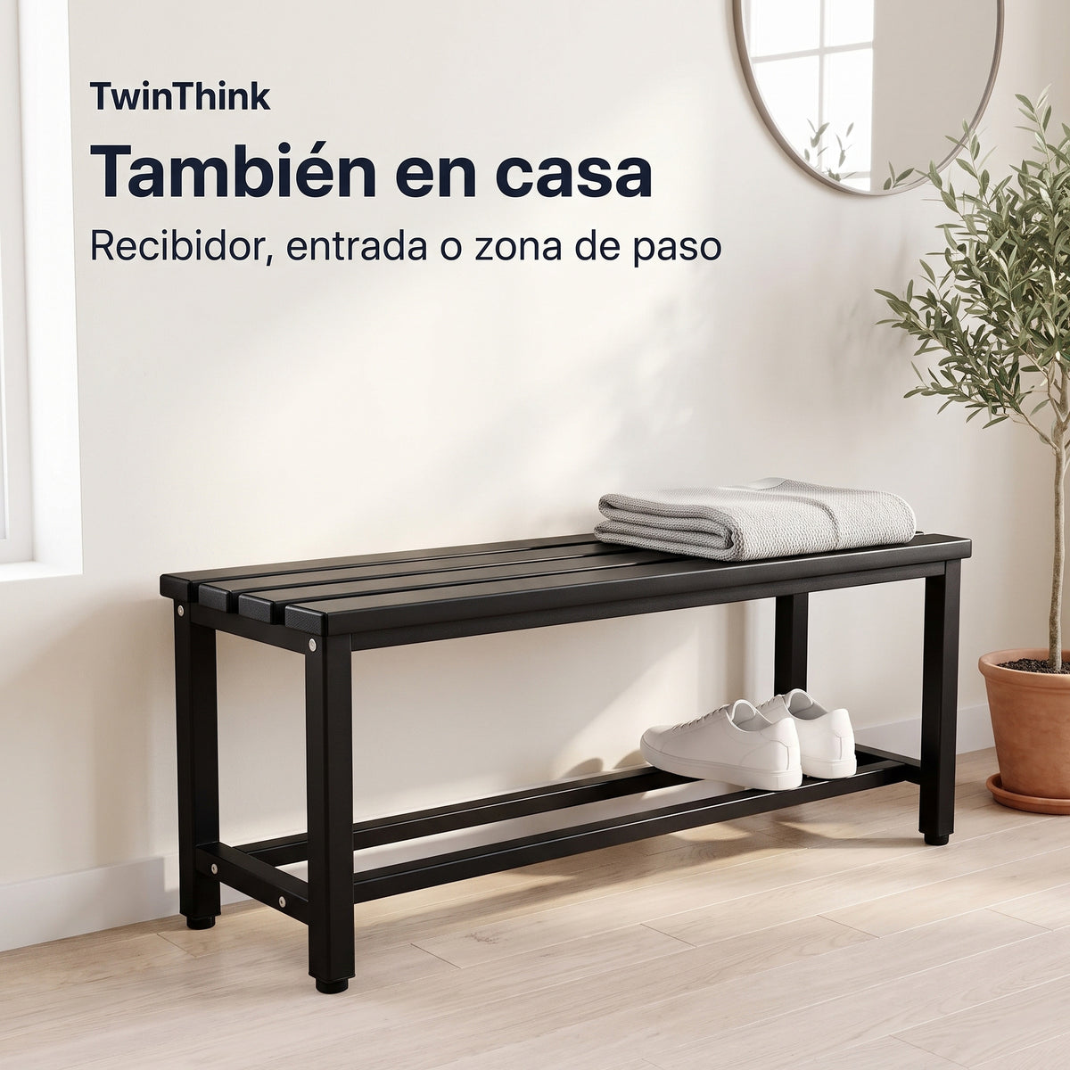 Banco vestuario metálico 90 x 32 x 45 cm en negro, en el recibidor de casa