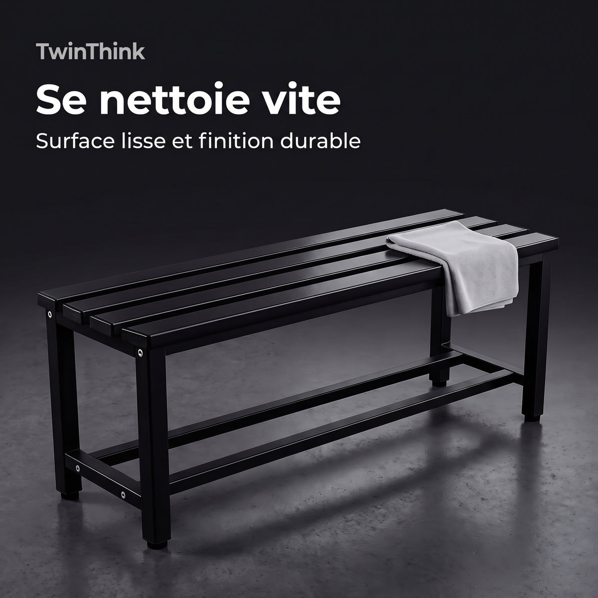 Banc de vestiaire métallique, 90×32×45 cm en noir Polar Black, surface lisse qui se nettoie vite