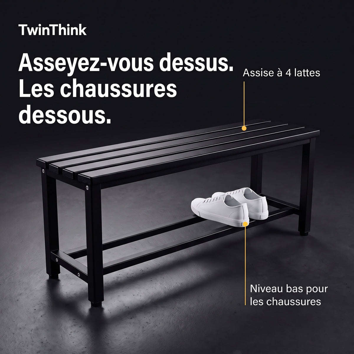 Banc de vestiaire métallique, 90×32×45 cm en noir Polar Black, assise à 4 lattes et niveau bas pour les chaussures