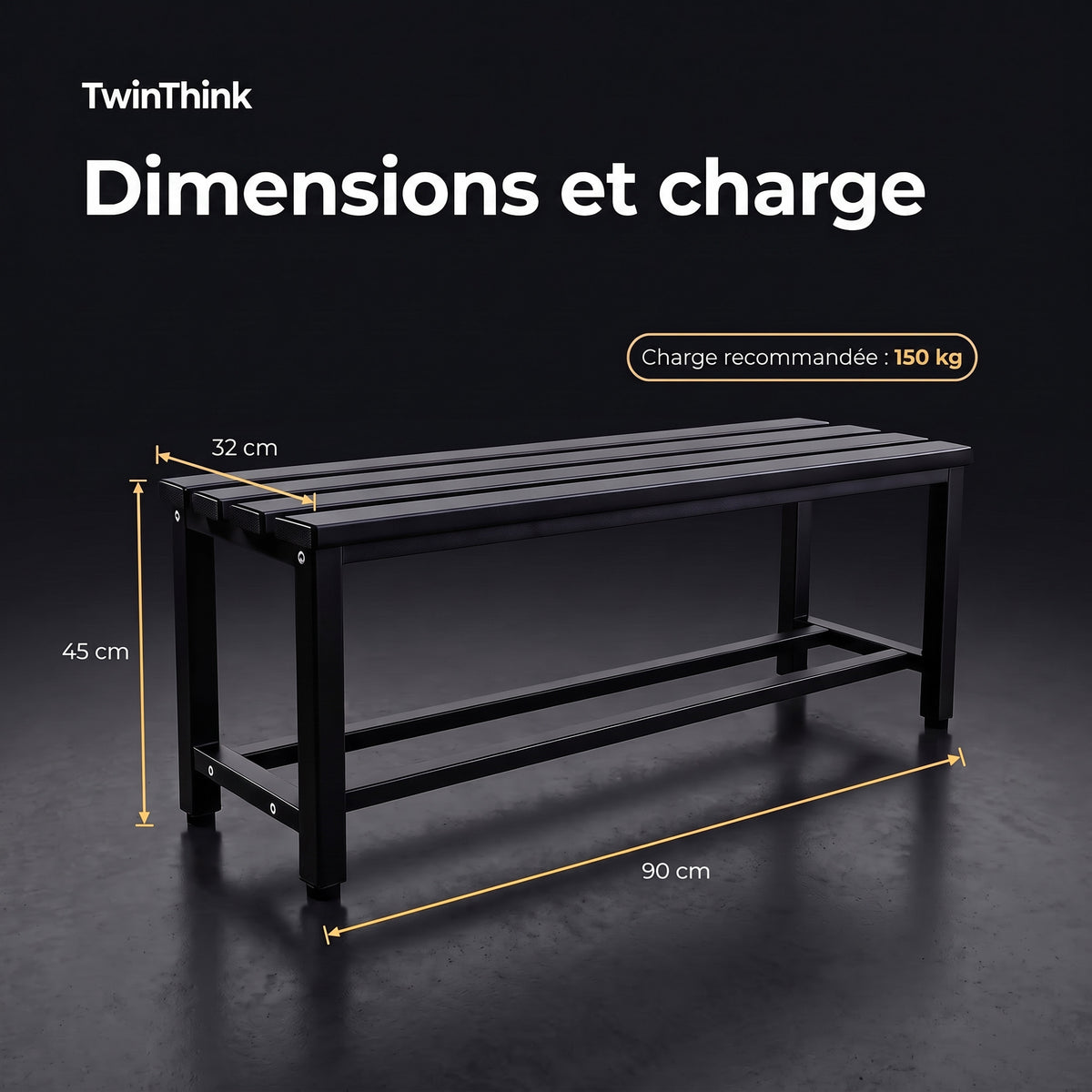 Banc de vestiaire métallique, 90×32×45 cm en noir Polar Black, dimensions et charge recommandée