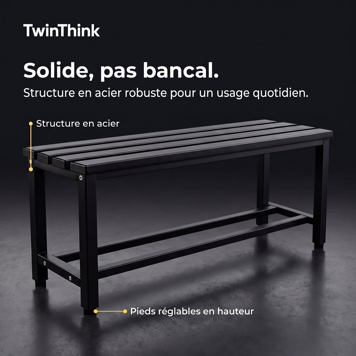 Banc de vestiaire métallique, 90×32×45 cm en noir Polar Black, structure en acier