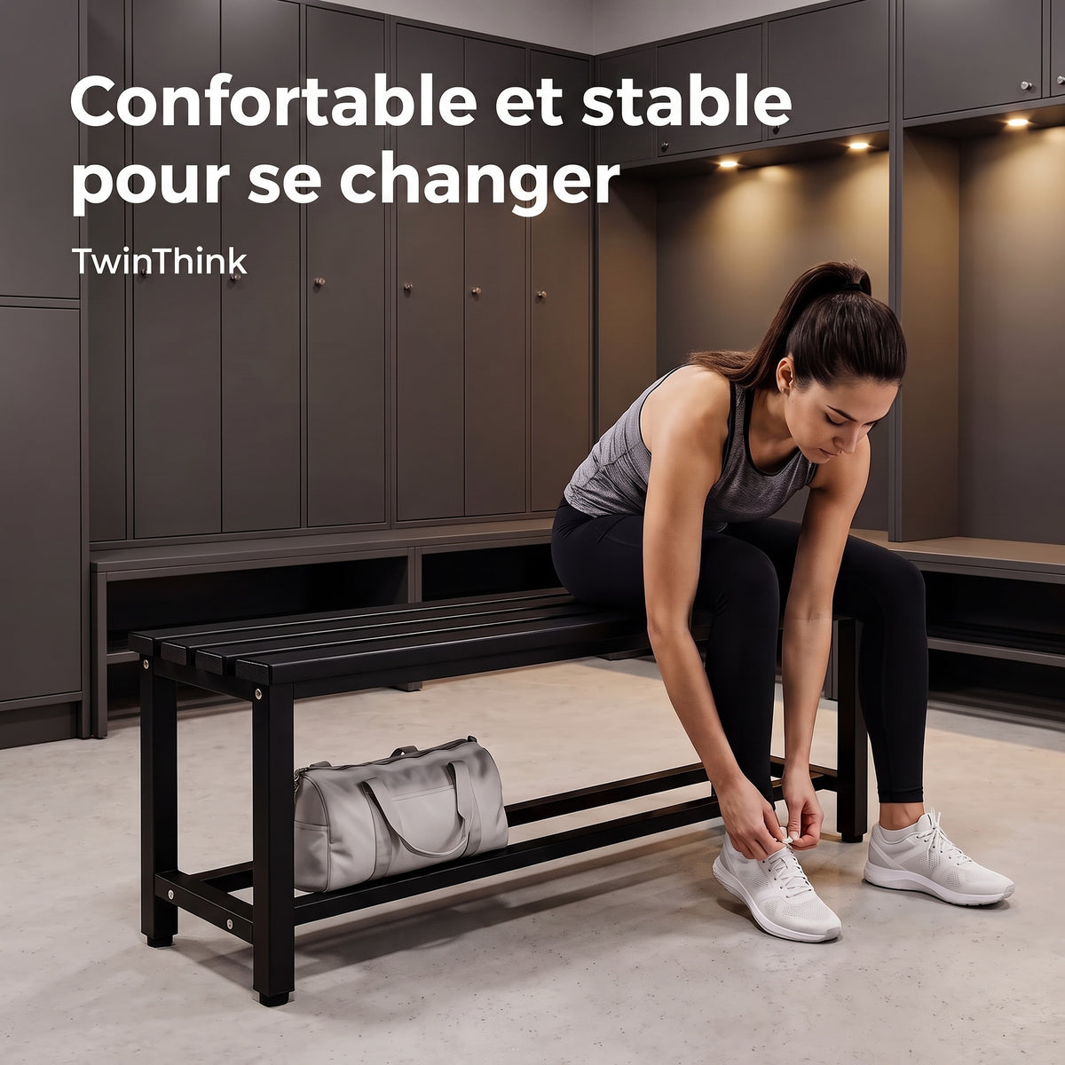 Banc de vestiaire métallique, 90×32×45 cm en noir Polar Black, dans un vestiaire de salle de sport